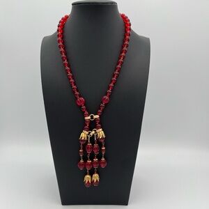 Rare Vintage Miriam Haskell Signed Ruby Red Melon Glass Bead Tassel Necklace
